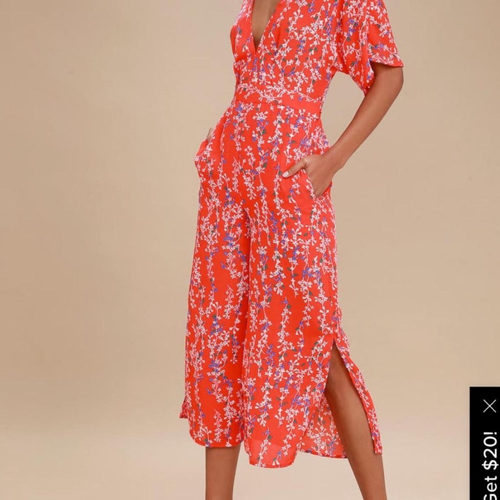 moon river streetwear red floral jumpsuit with capri slit
